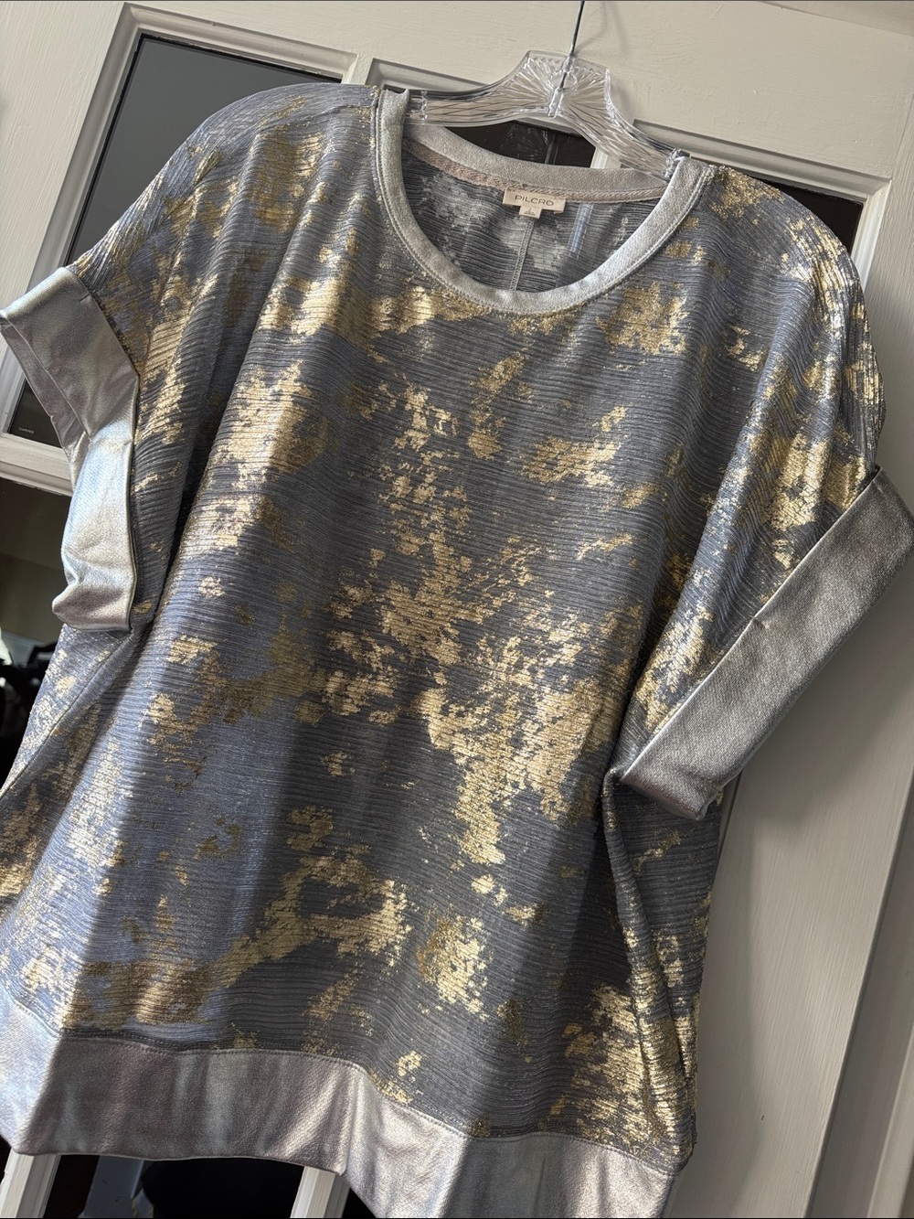 Pilcro Metallic Silver Top with Gold Foil Accents Anthropologie - Picture 2 of 2